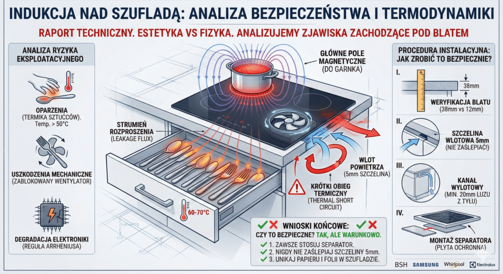 Sztućce w szufladzie pod płytą indukcyjną zablokowane przez zbyt blisko zamontowany spód urządzenia.