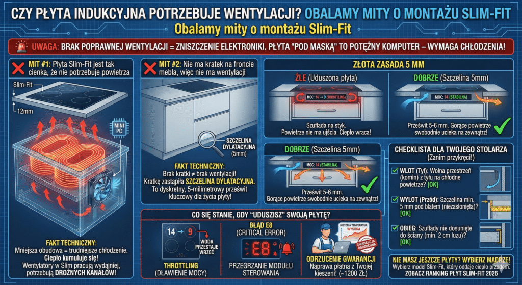 Przekrój blatu kuchennego z płytą Slim-Fit i zaznaczoną szczeliną wentylacyjną 5mm nad szufladą